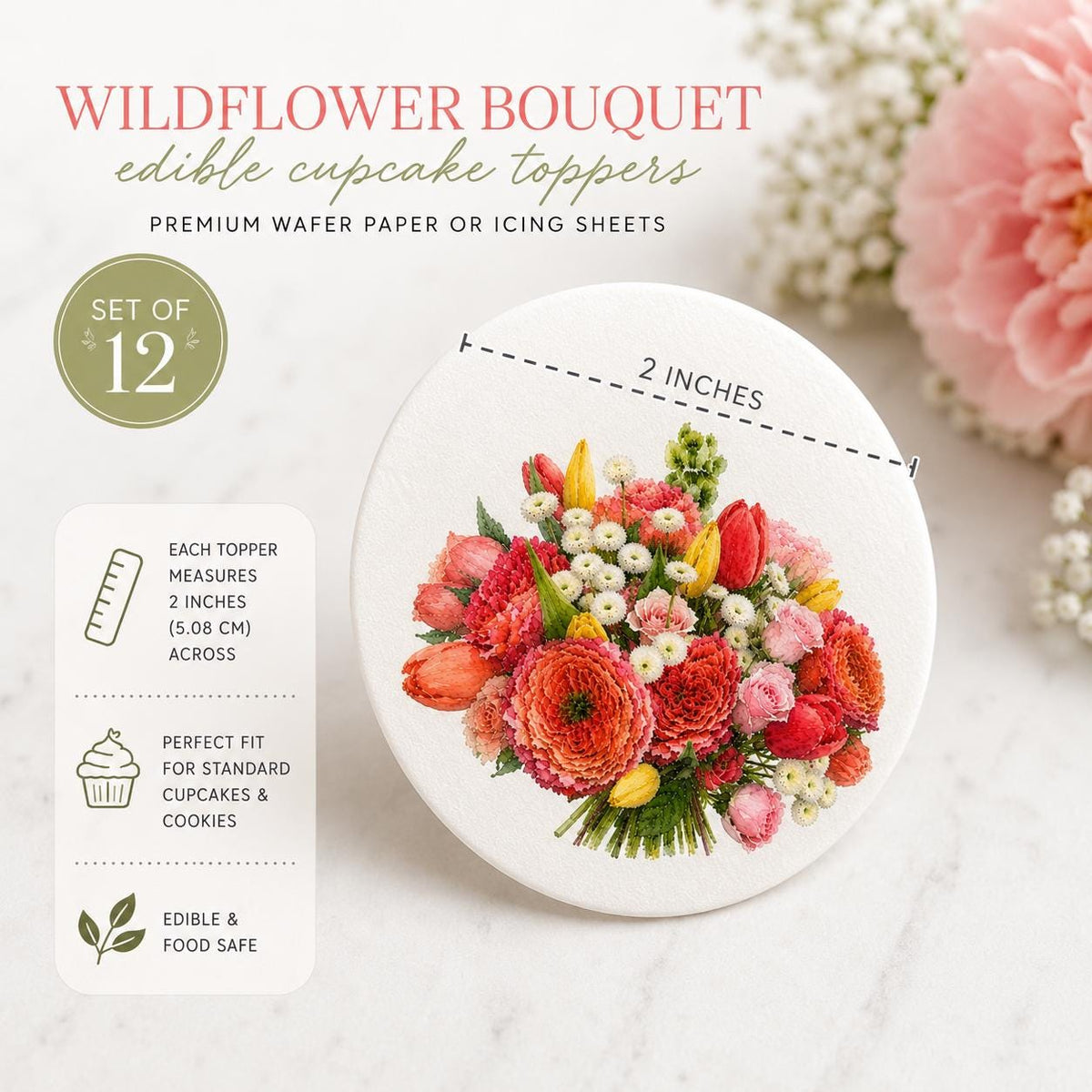 Wildflower watercolor bouquet cupcake topper made of edible wafer paper, featuring vibrant floral watercolor design for decorating cupcakes.