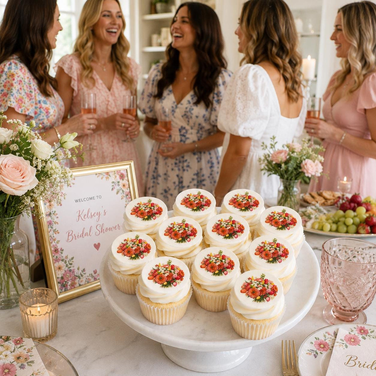 Edible watercolor wildflower bouquet cupcake topper made of floral wafer paper, perfect for decorating cupcakes.