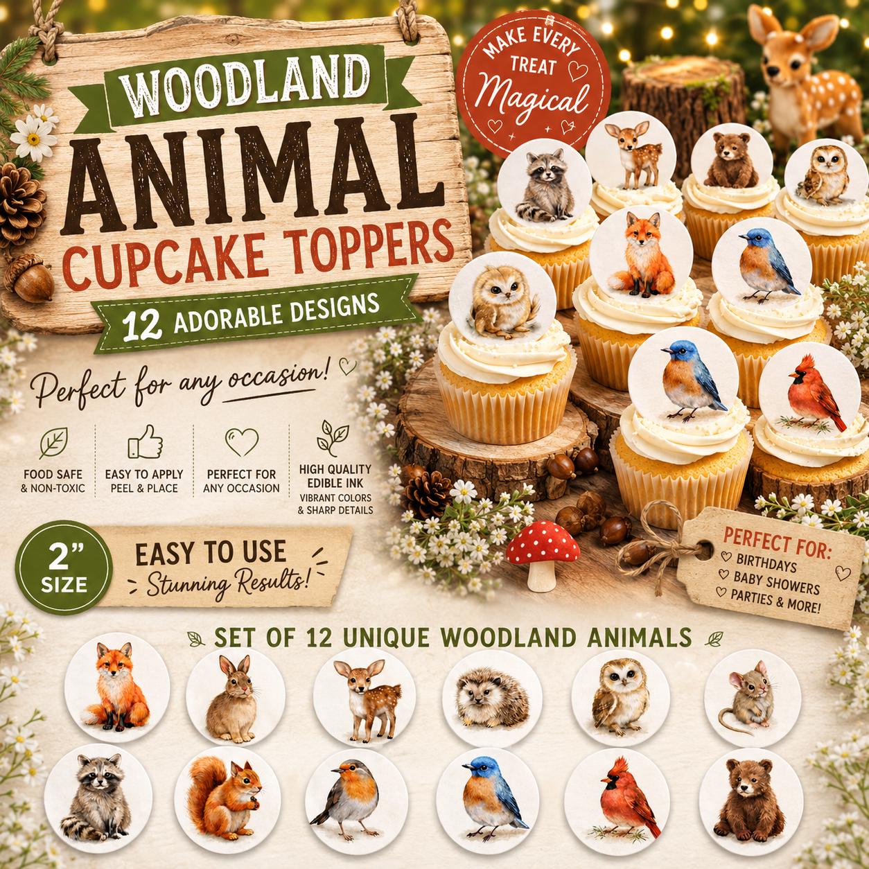Edible wafer paper cupcake toppers featuring woodland animals like foxes and owls for baby showers and birthdays.