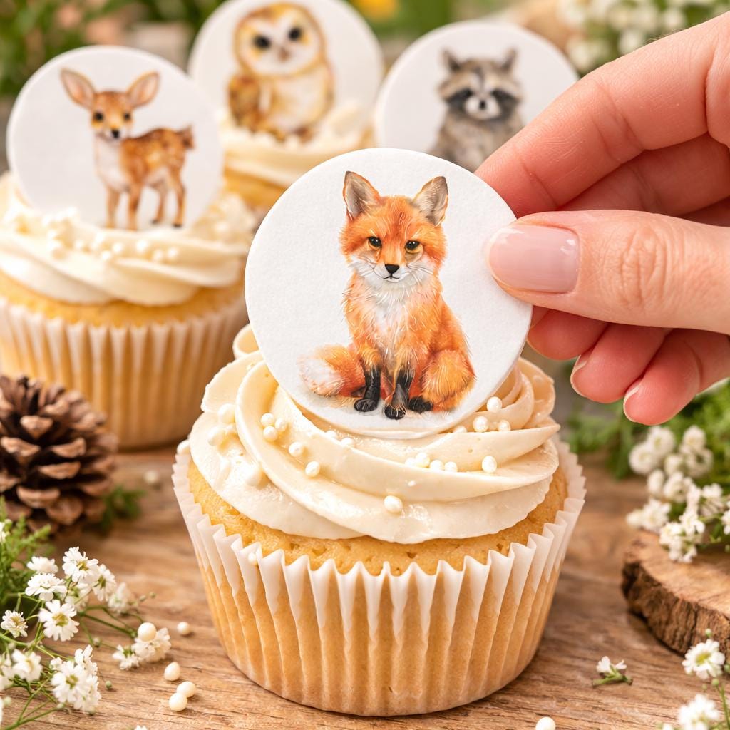 Edible wafer paper cupcake toppers featuring woodland animal forest creatures for baby showers and birthdays by SugarPrints.