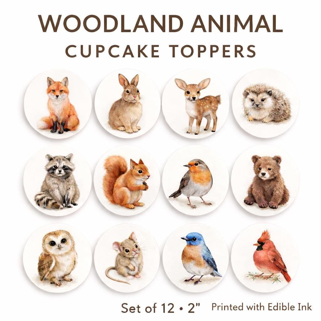 Edible wafer paper woodland animal cupcake toppers featuring forest creatures for baby showers and birthday celebrations.