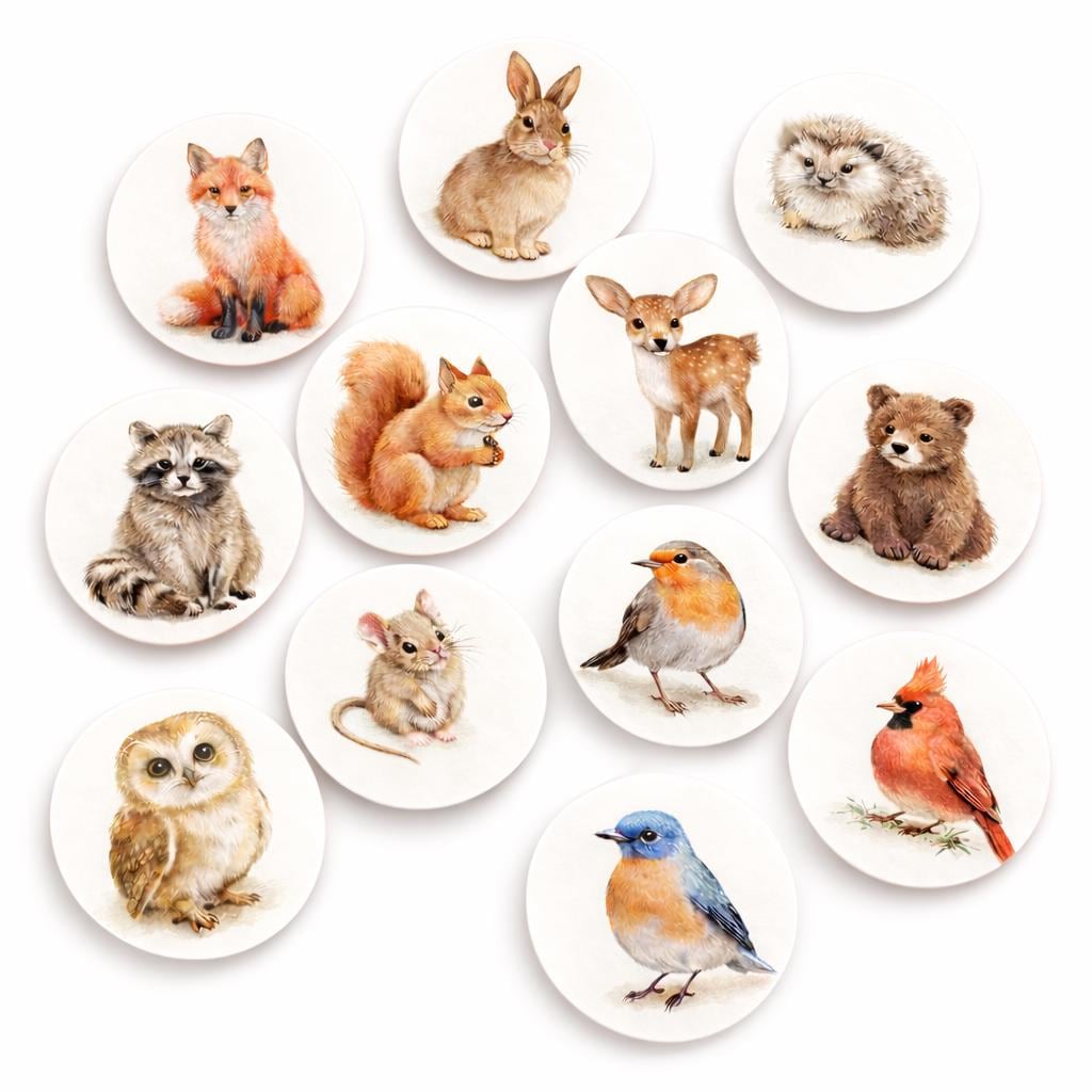 Edible wafer paper woodland animal cupcake toppers featuring forest creatures for baby showers and birthdays.
