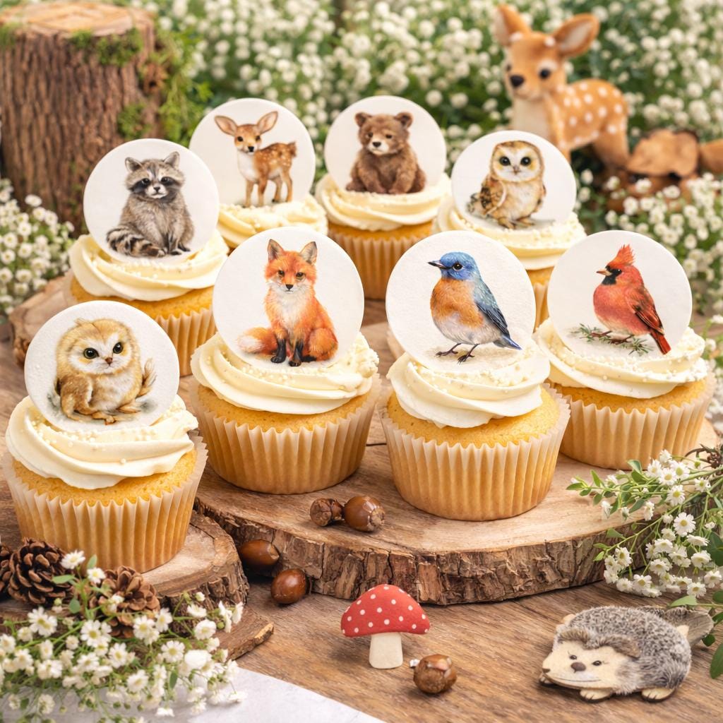 Edible wafer paper woodland animal cupcake toppers featuring forest creatures for baby showers and birthday celebrations.