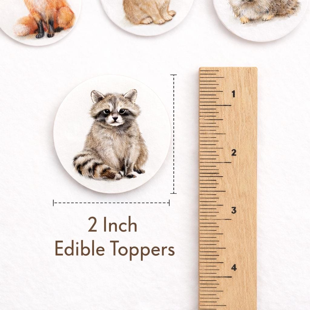 Edible wafer paper woodland animal cupcake toppers featuring forest creatures, ideal for baby showers and birthdays.