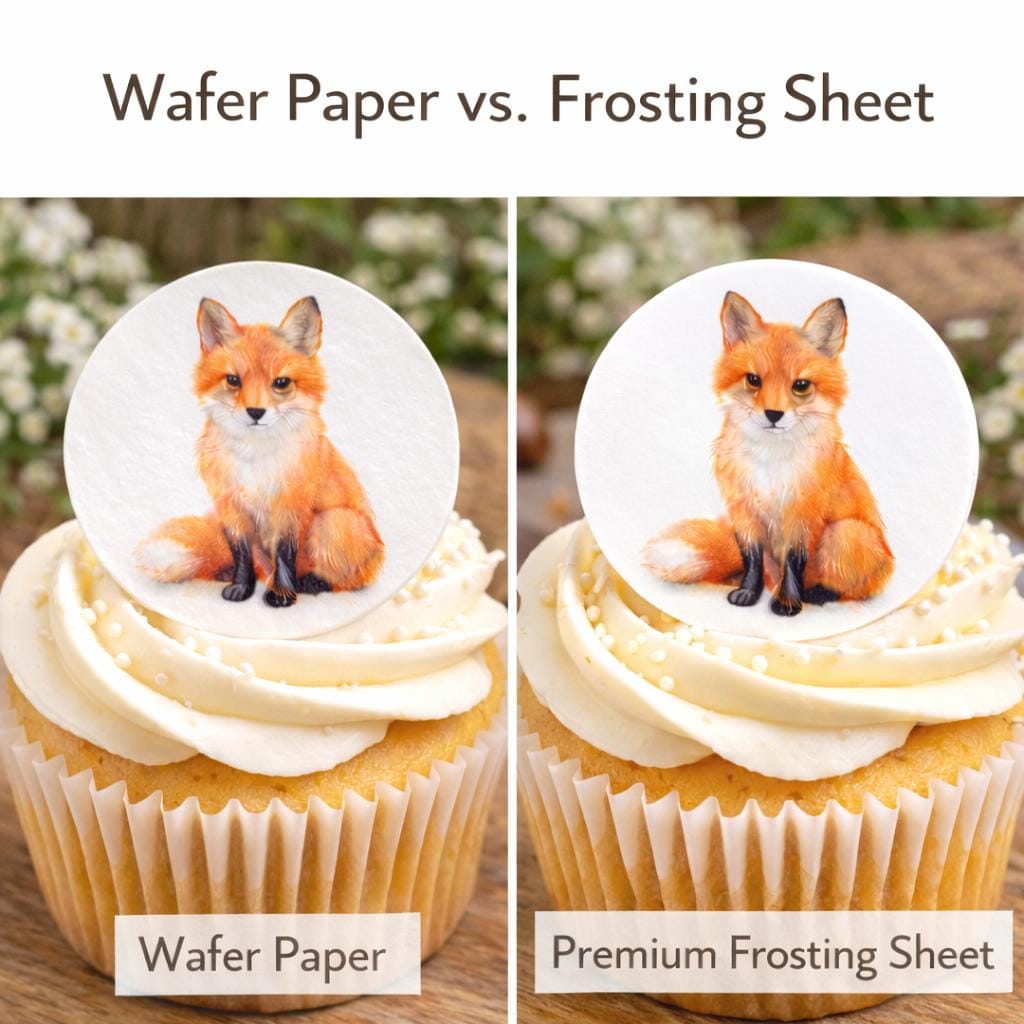 Edible wafer paper cupcake toppers featuring woodland animals like foxes, owls, and deer for baby showers and birthdays.