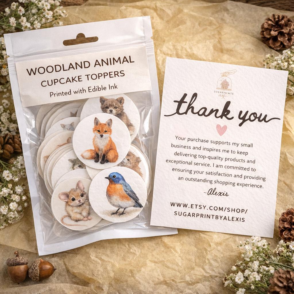 Edible wafer-paper woodland animal cupcake toppers featuring forest creatures for baby showers and birthdays.