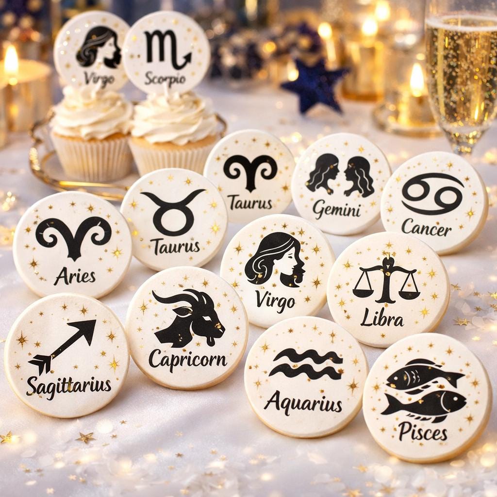 Edible zodiac astrology cupcake topper made of wafer paper, featuring celestial symbols for birthday decorations.