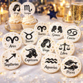 Edible zodiac astrology cupcake topper made of wafer paper, featuring celestial symbols for birthday decorations.