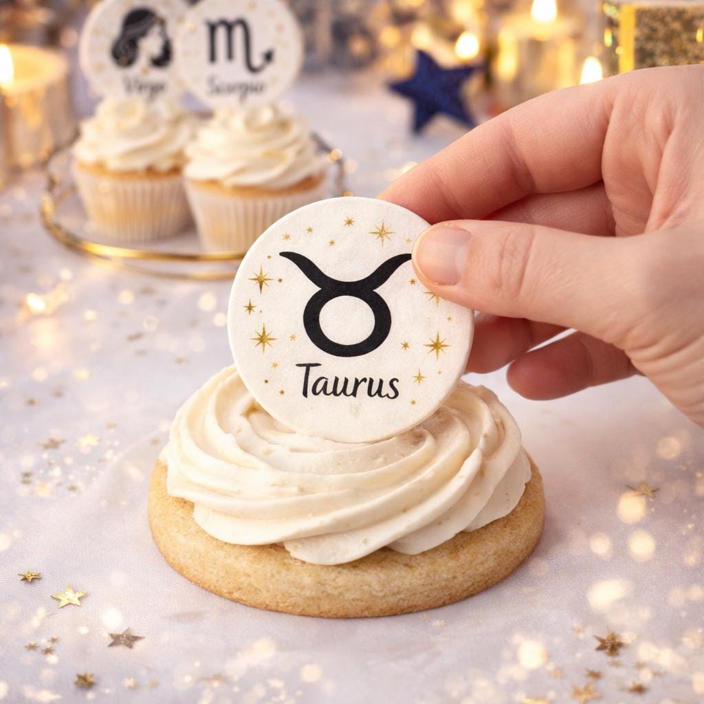 Edible wafer paper Zodiac astrology cupcake topper featuring celestial designs for birthday celebrations.