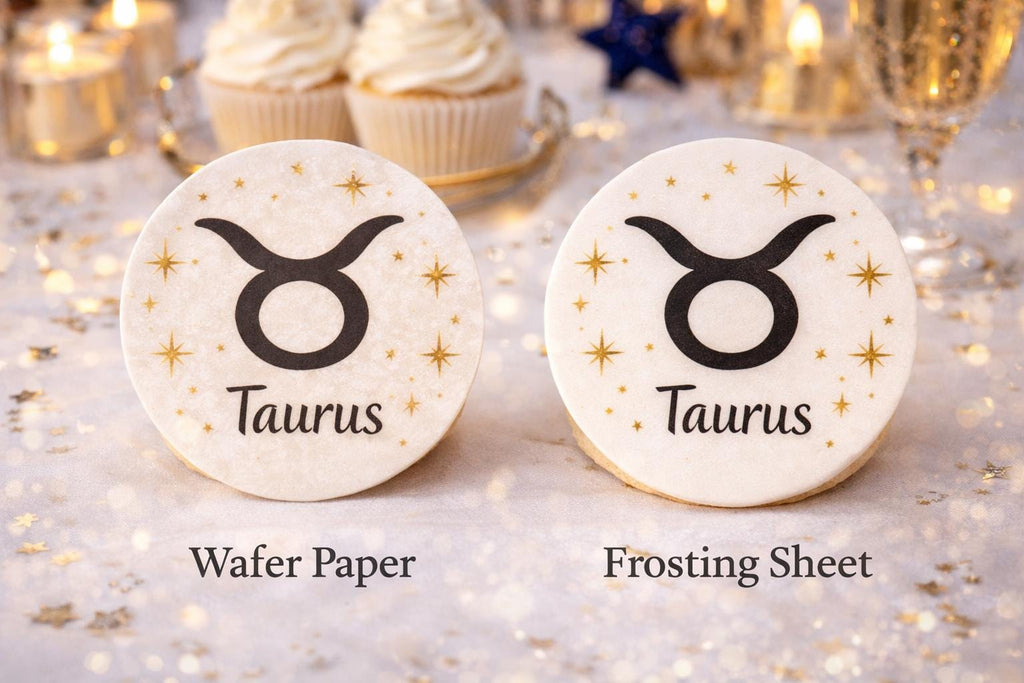 Edible zodiac astrology cupcake topper on wafer paper featuring celestial designs for birthday decorations.