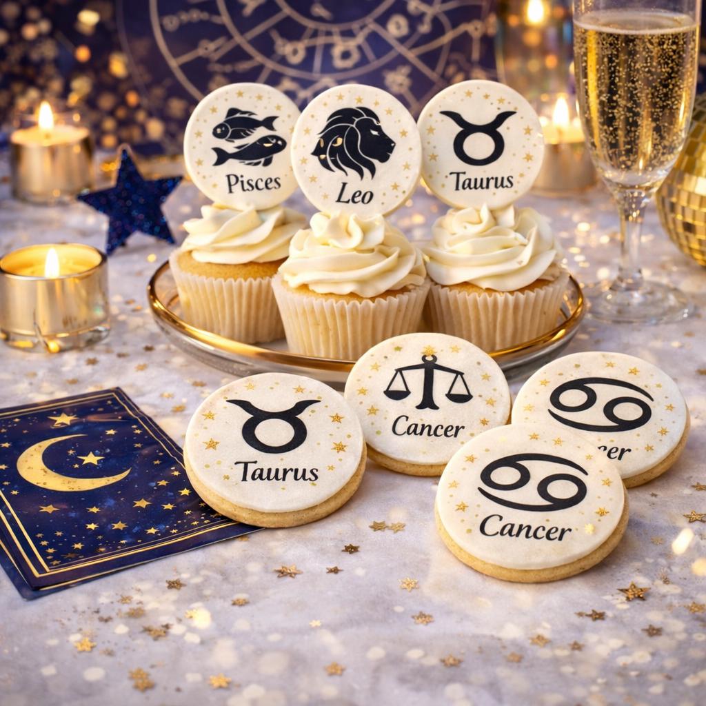Edible wafer paper Zodiac astrology cupcake topper with celestial designs for birthday cake decorations.