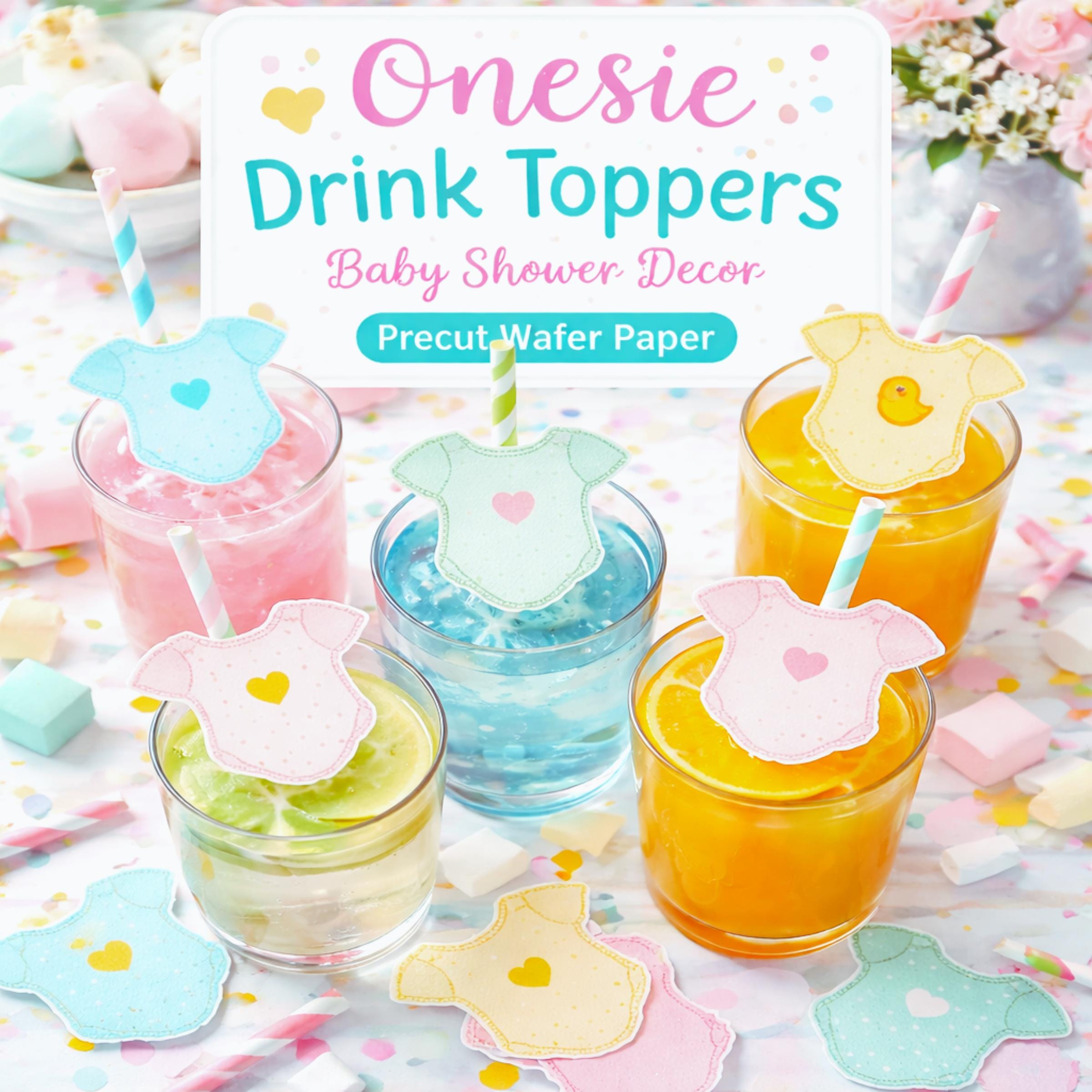 Baby shower edible drink toppers in cute onesie shape made from wafer paper, designed to float on coffee, milk foam, mocktails, and party drinks. These precut toppers are printed with food-safe edible ink, adding a soft and charming touch to baby shower, gender reveal, and welcome baby celebrations. Perfect for themed party decor, they create a stylish and photo-ready presentation while enhancing the overall event setup