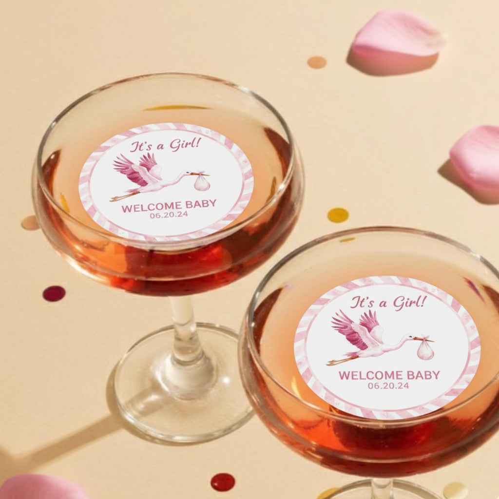 Baby shower edible cocktail topper with stork art, floating wafer circle