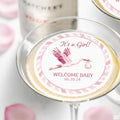Baby shower edible cocktail topper with stork art, floating wafer circle
