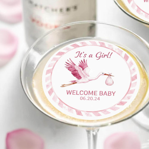Baby shower edible cocktail topper with stork art, floating wafer circle