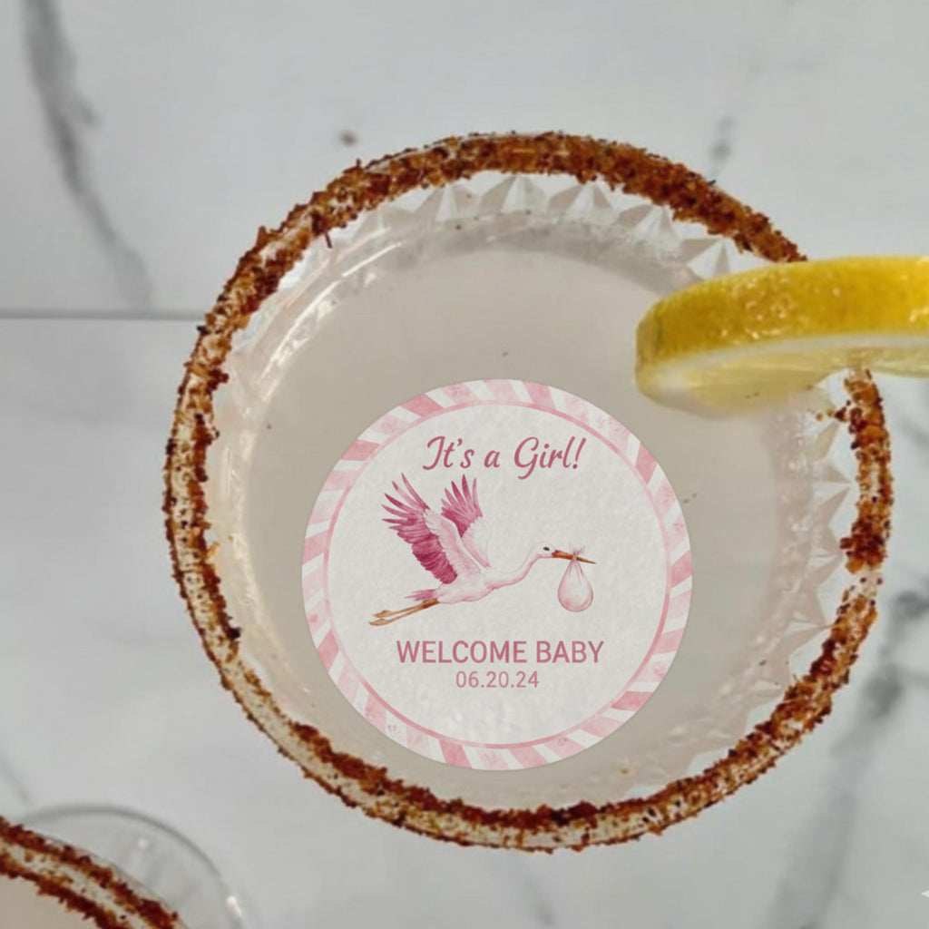 Baby shower edible cocktail topper with stork art, floating wafer circle