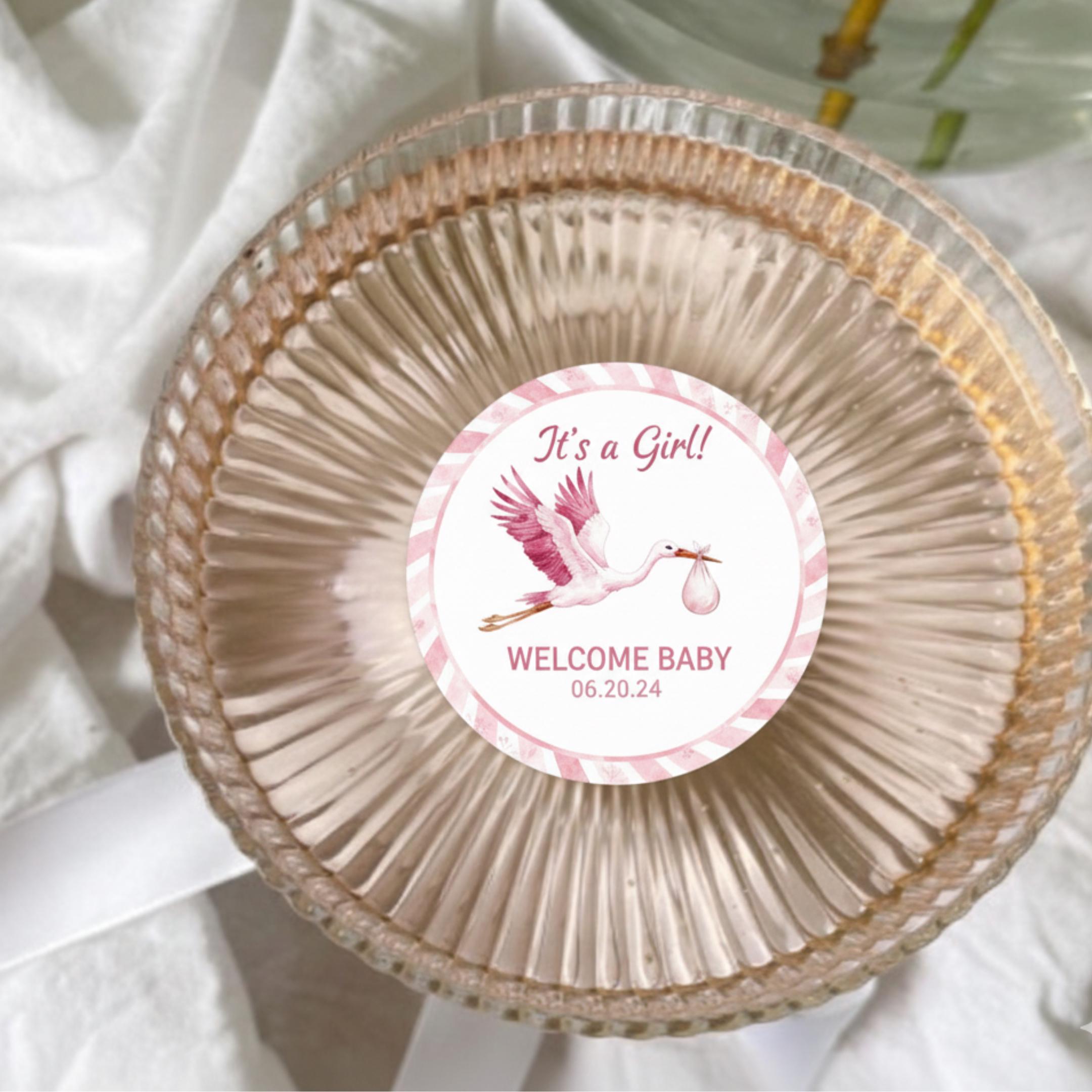 Baby shower edible cocktail topper with stork art, floating wafer circle