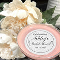Set of 5 personalized bridal shower drink toppers on edible wafer paper with elegant designs for cocktail decoration.