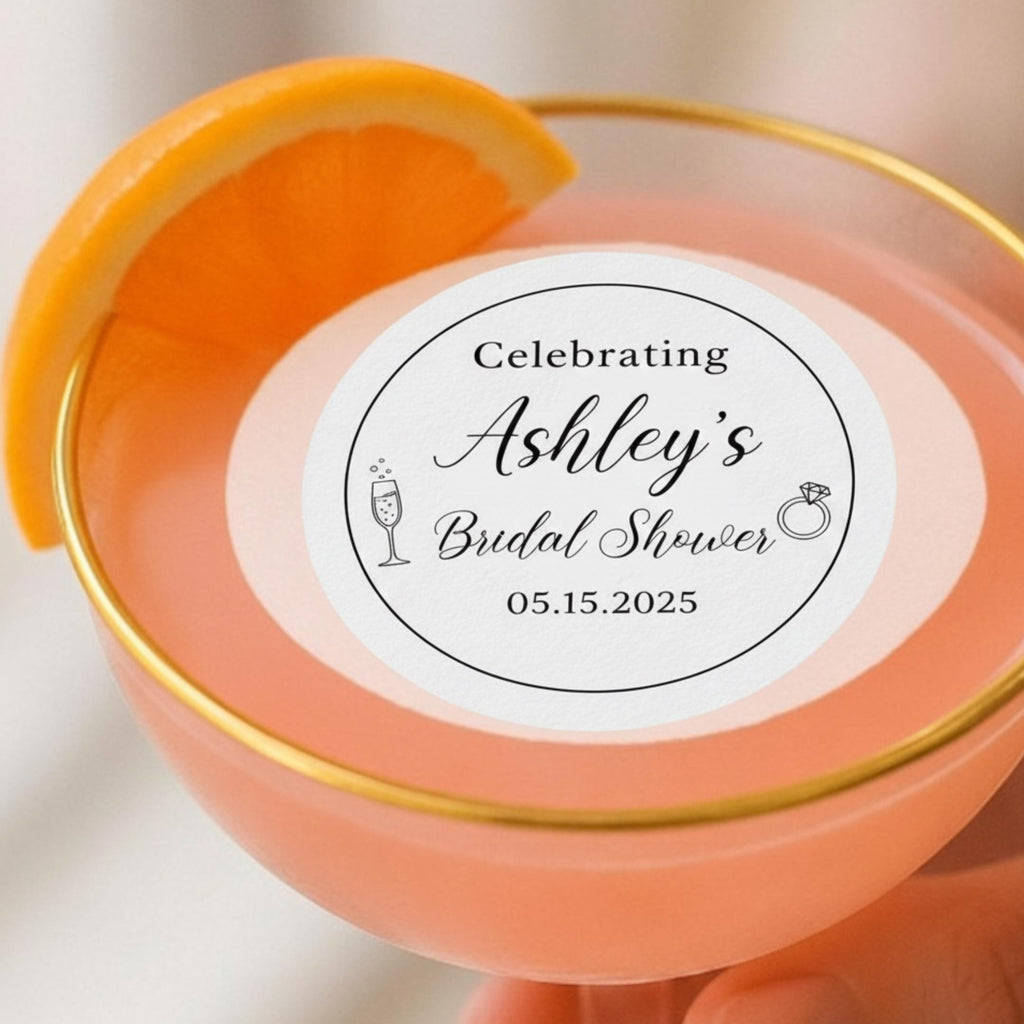 Personalized edible wafer paper bridal shower drink toppers with elegant designs, perfect for cocktail decorations.