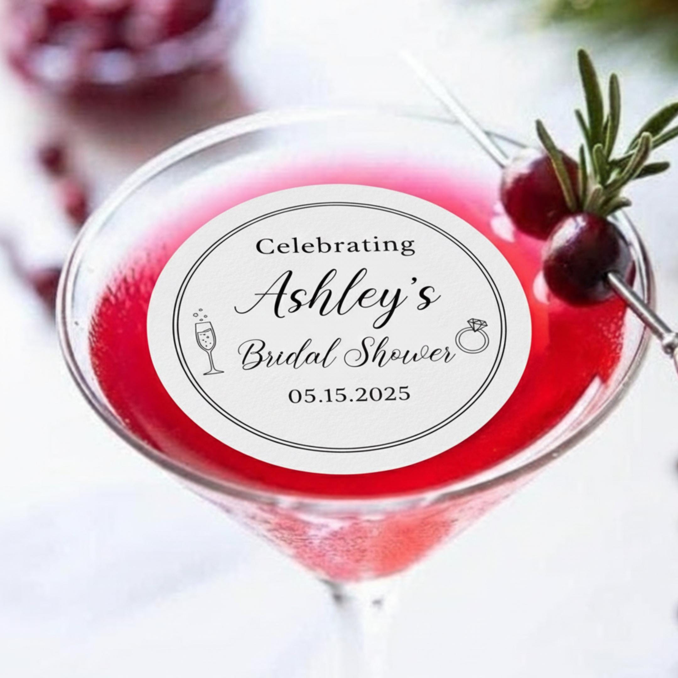 Personalized bridal shower drink topper set by SugarPrints, edible wafer paper cocktail decorations for celebration.