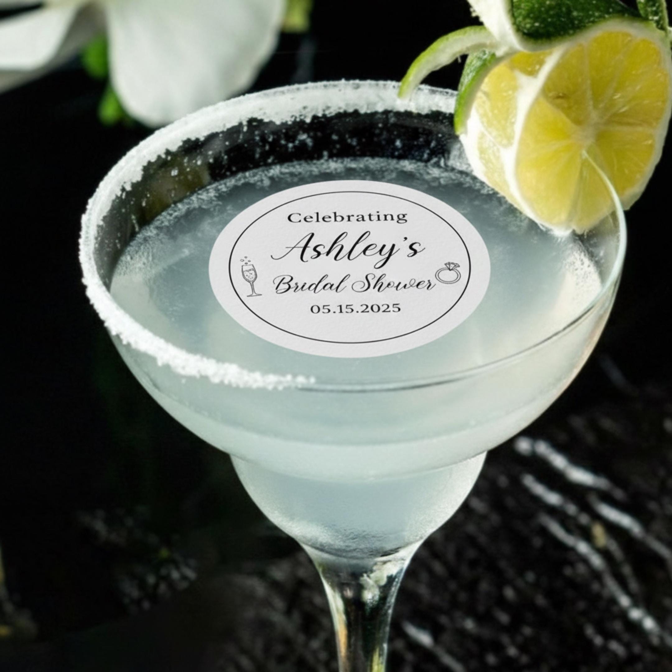 Set of 24 personalized bridal shower drink toppers by SugarPrints on edible wafer paper for cocktail decorations.