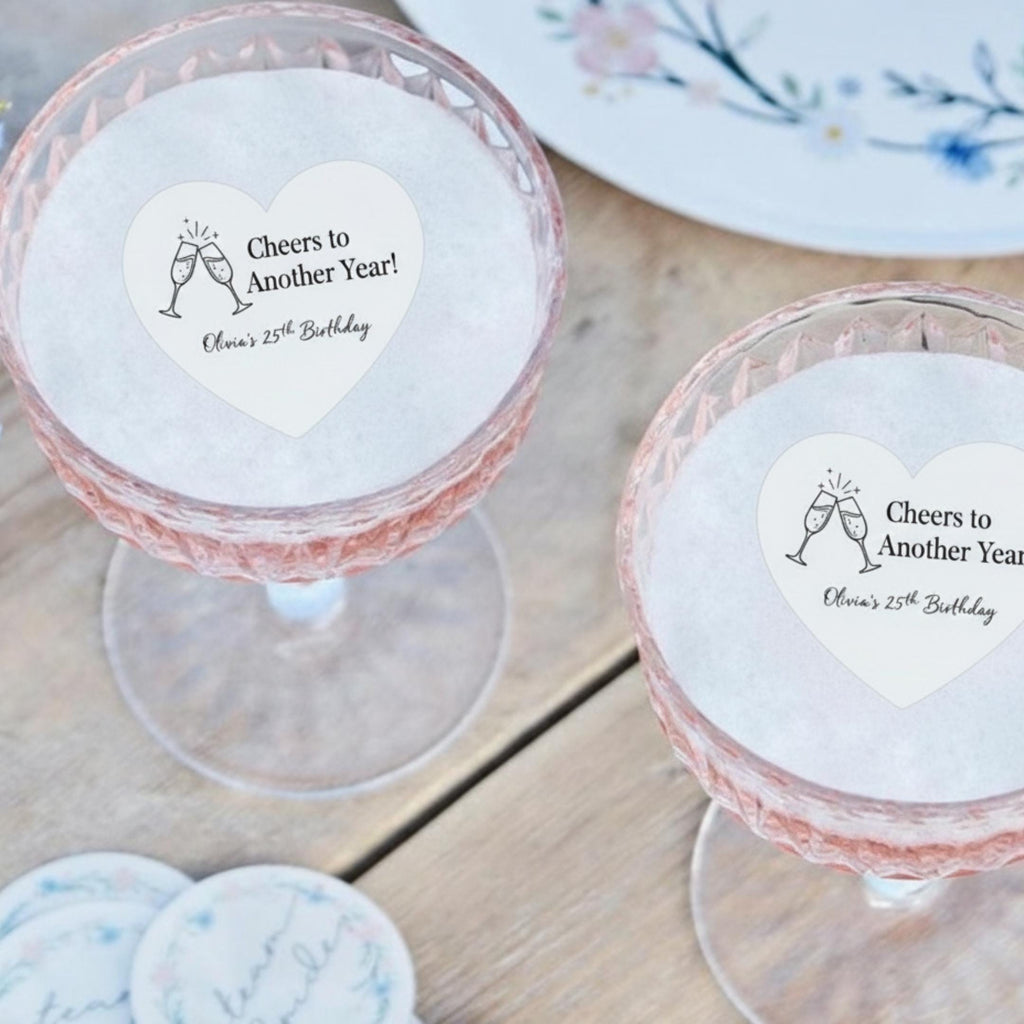 Custom heart-shaped edible drink topper on wafer paper for weddings and Valentine's Day by SugarPrints by Alexis.