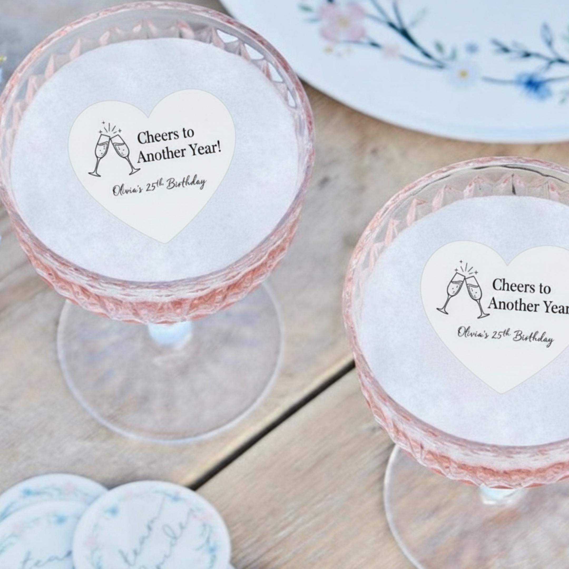 Custom heart-shaped edible drink topper on wafer paper for weddings and Valentine's Day by SugarPrints by Alexis.