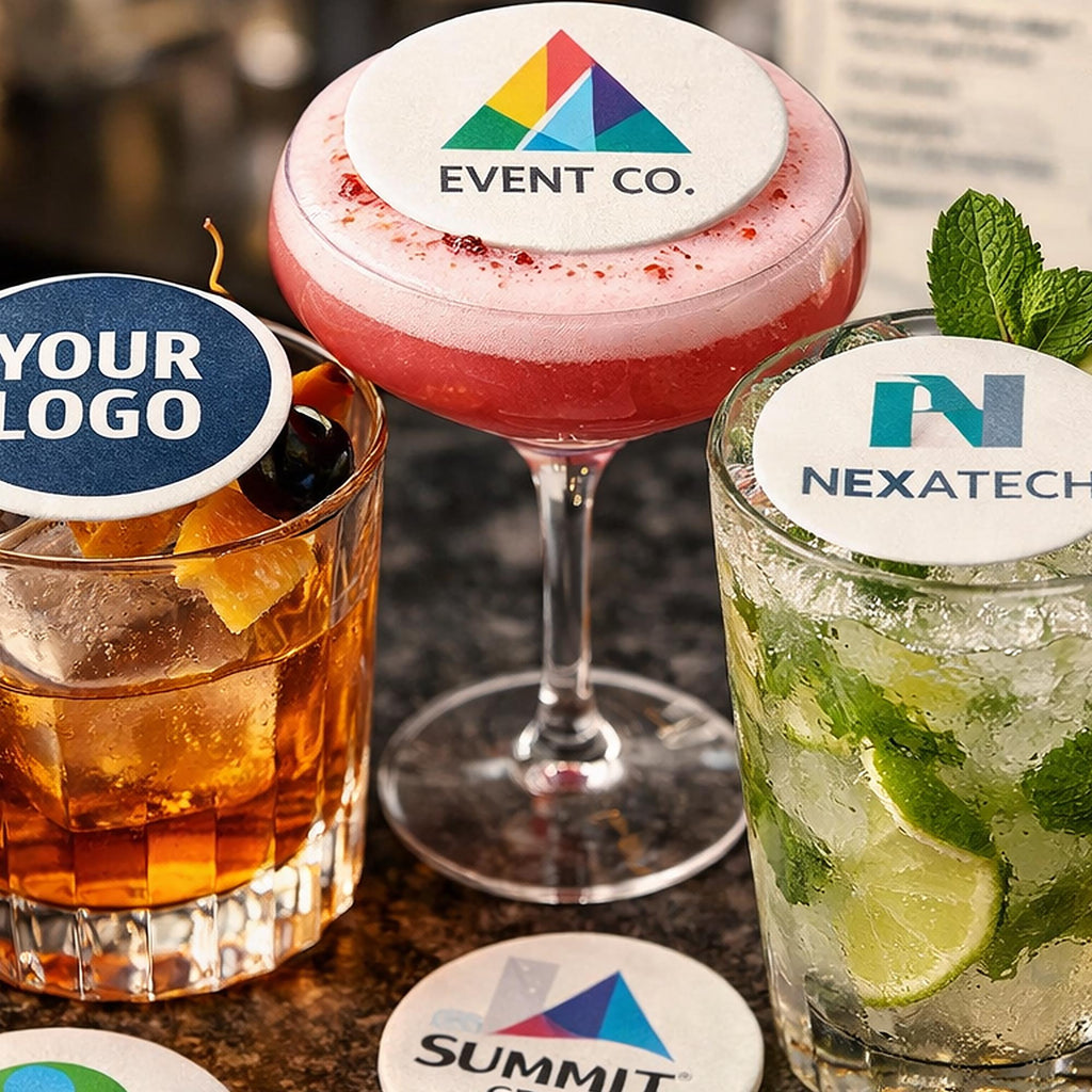 Edible wafer paper drink toppers with custom logos, 5-24 pack, for corporate events, by SugarPrints by Alexis.