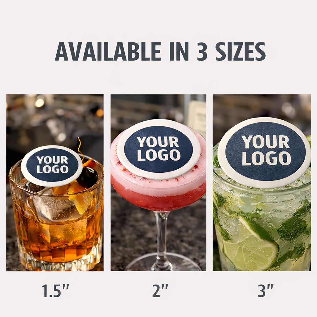 Edible wafer paper drink toppers with custom logos by SugarPrints for corporate events, featuring colorful circular designs.