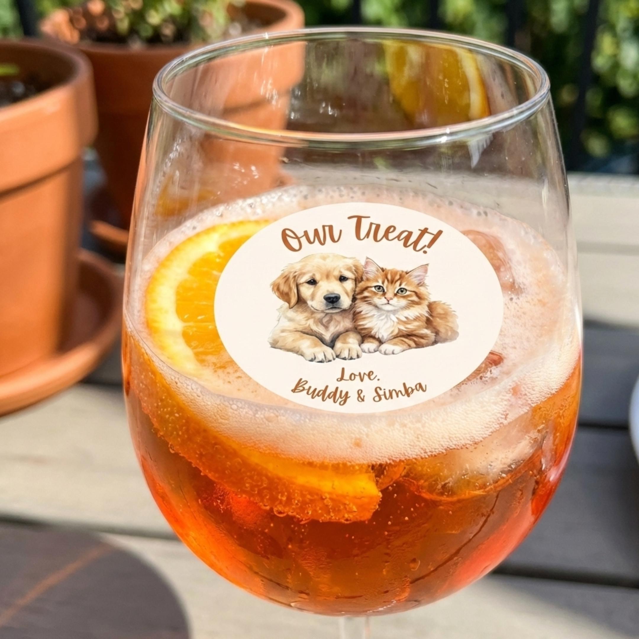 Custom pet photo edible drink topper on wafer paper, round or silhouette shape, printed with food-safe ink, perfect for weddings, engagements, pet parties, and personalized celebrations. Adds a fun, unique, and heartfelt touch to beverages while showcasing your furry friend’s portrait