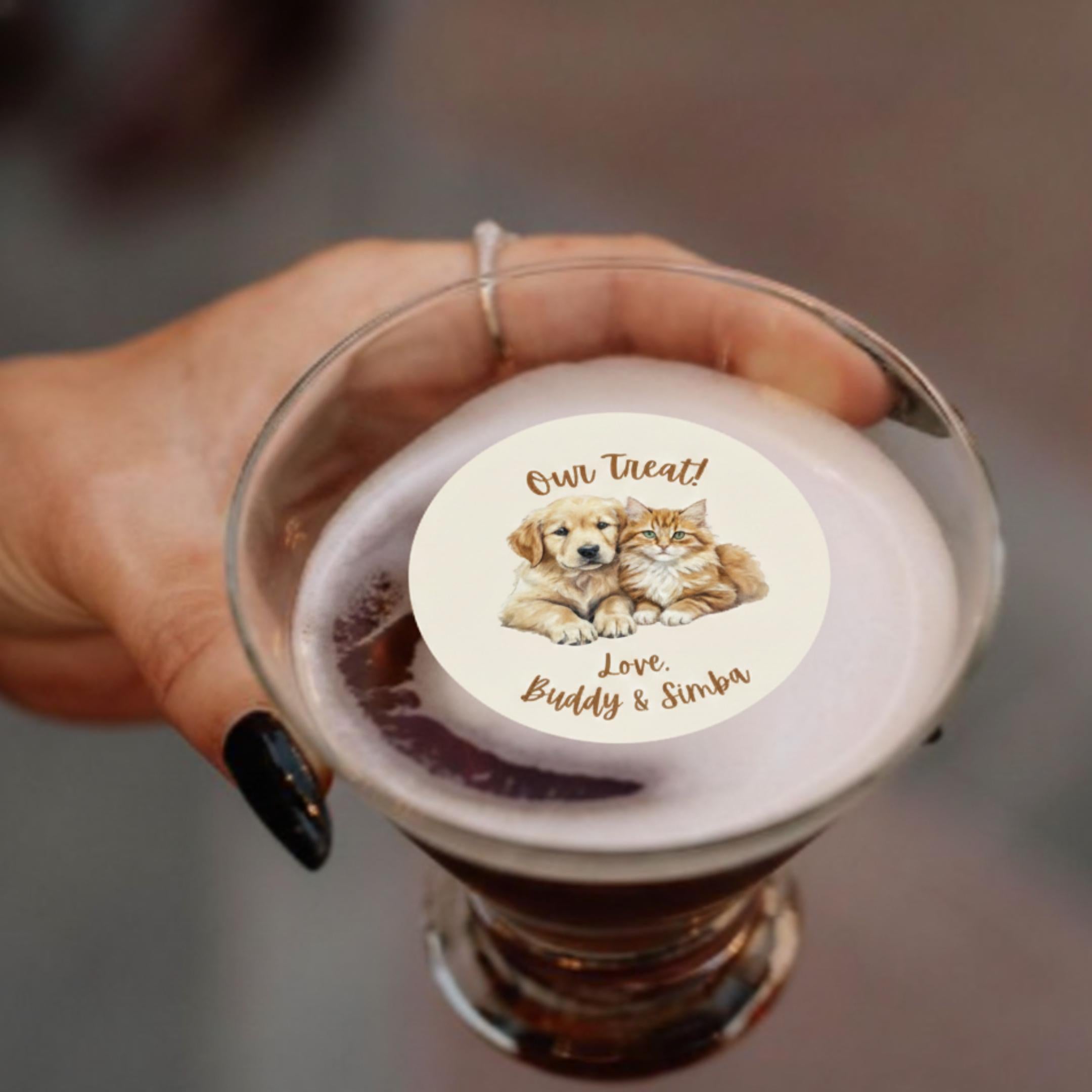 Pet portrait edible wafer drink topper floating on a wedding cocktail, circle shape
