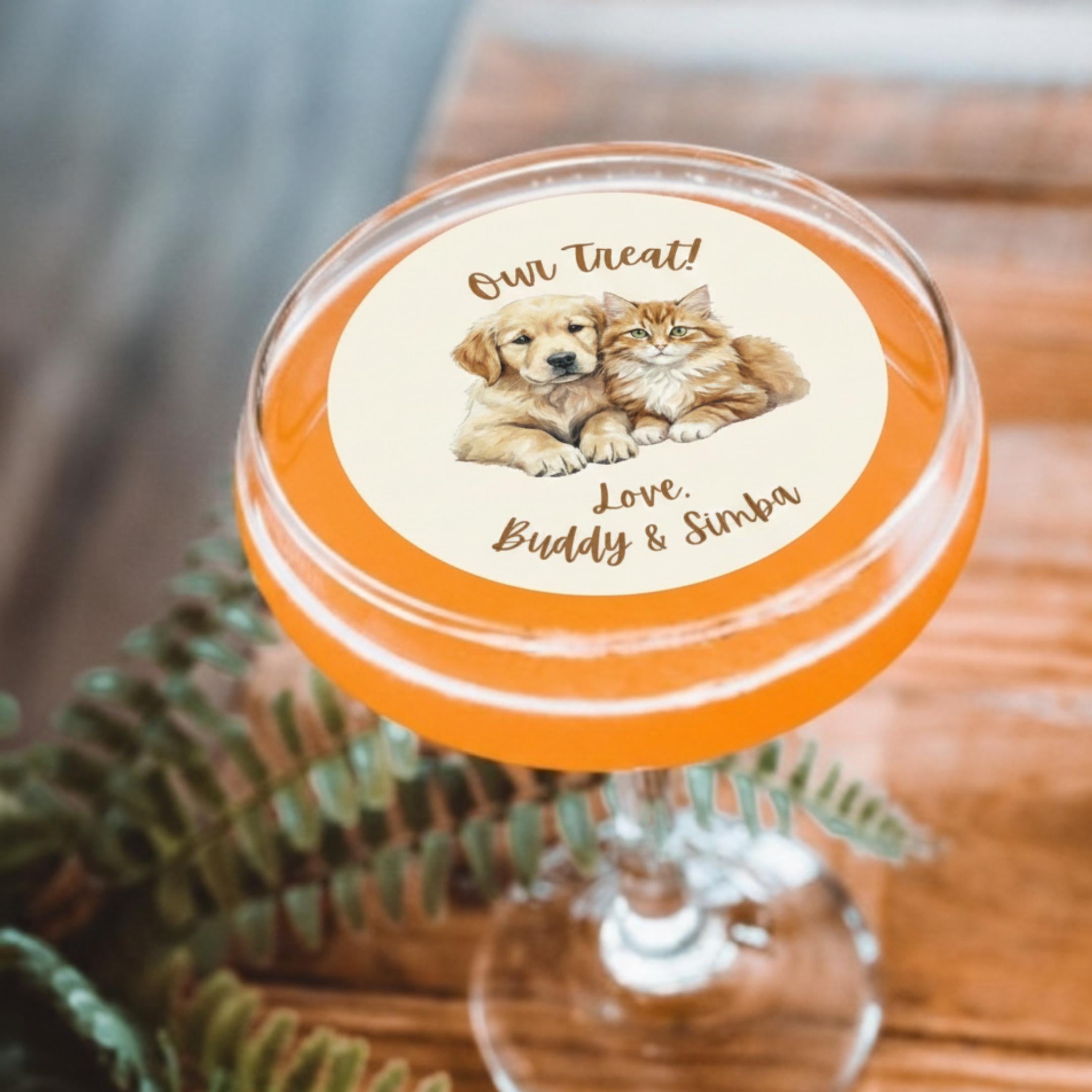 Pet portrait edible wafer drink topper floating on a wedding cocktail, circle shape
