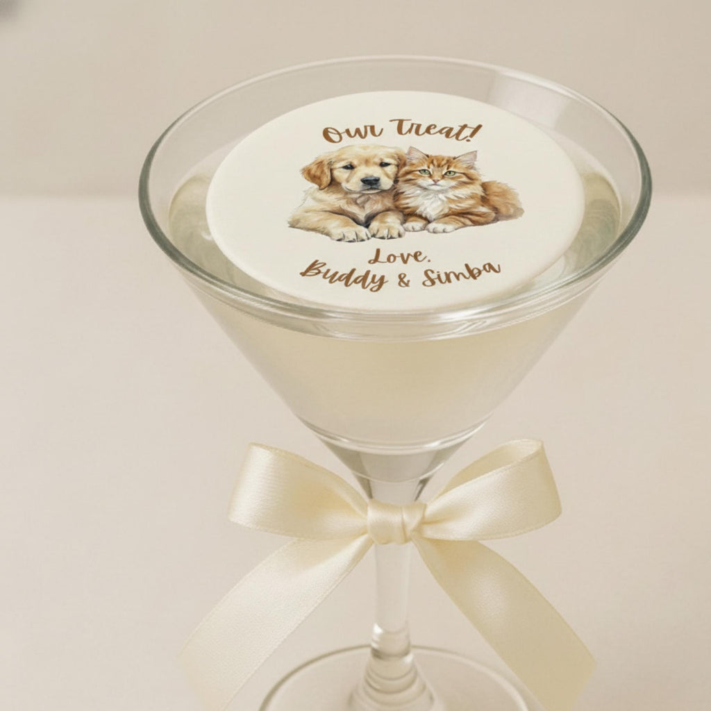 Pet portrait edible wafer drink topper floating on a wedding cocktail, circle shape
