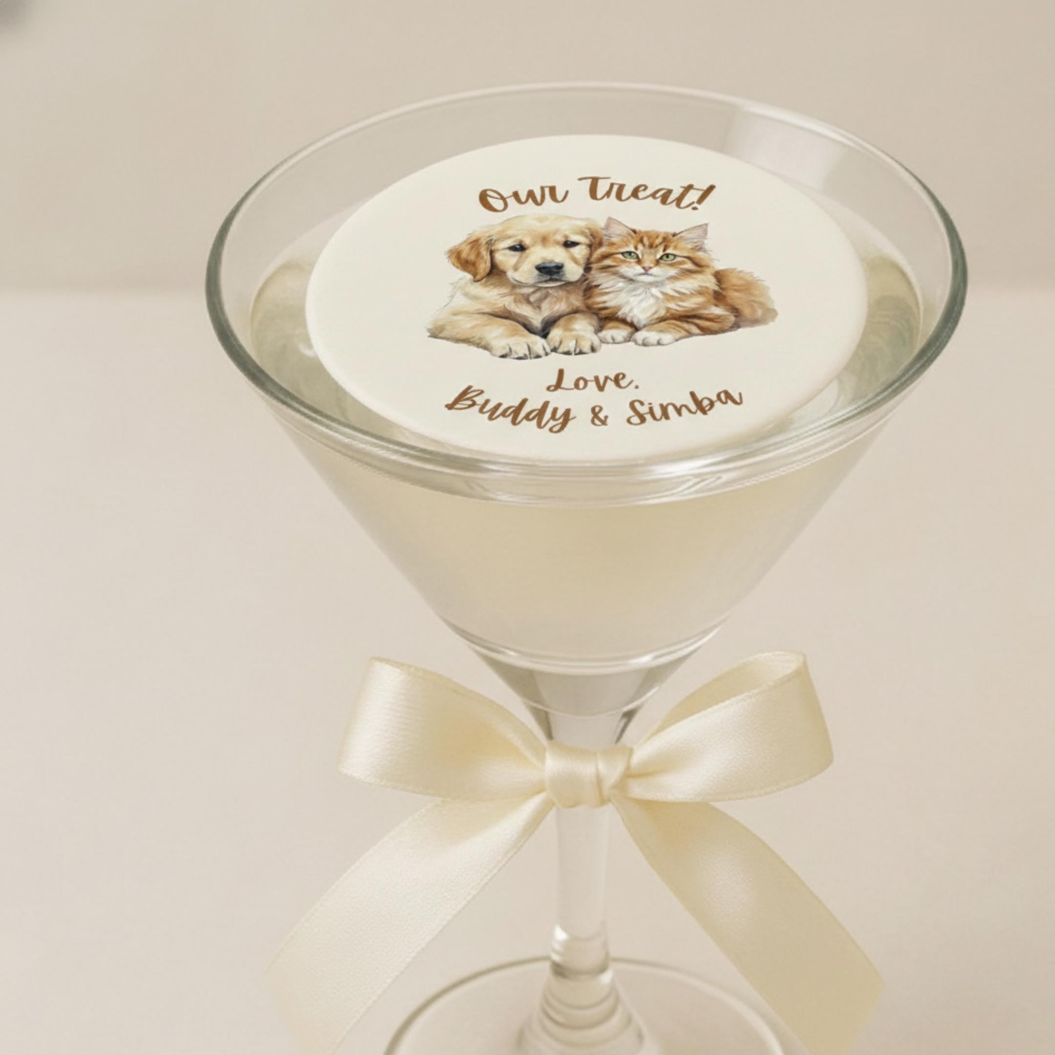 Pet portrait edible wafer drink topper floating on a wedding cocktail, circle shape