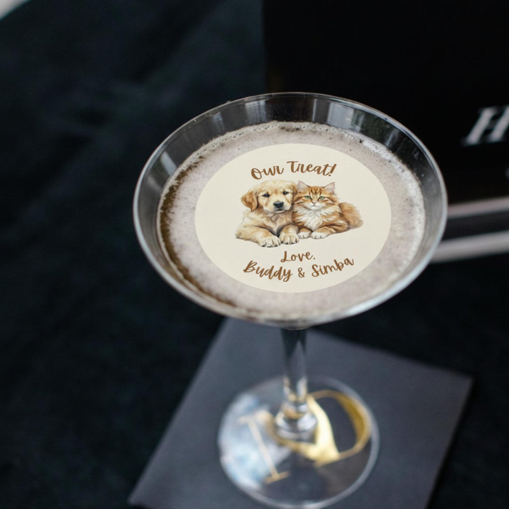 Pet portrait edible wafer drink topper floating on a wedding cocktail, circle shape