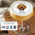 Custom pet photo edible drink toppers made from wafer paper, featuring personalized dog and cat images printed with food-grade edible ink. Round precut circles with soft white halo edges designed for lattes, milk foam drinks, and party beverages. Ideal for pet birthdays, signature drinks, and celebrations, creating a floating photo effect on drinks with vibrant, detailed edible printing.