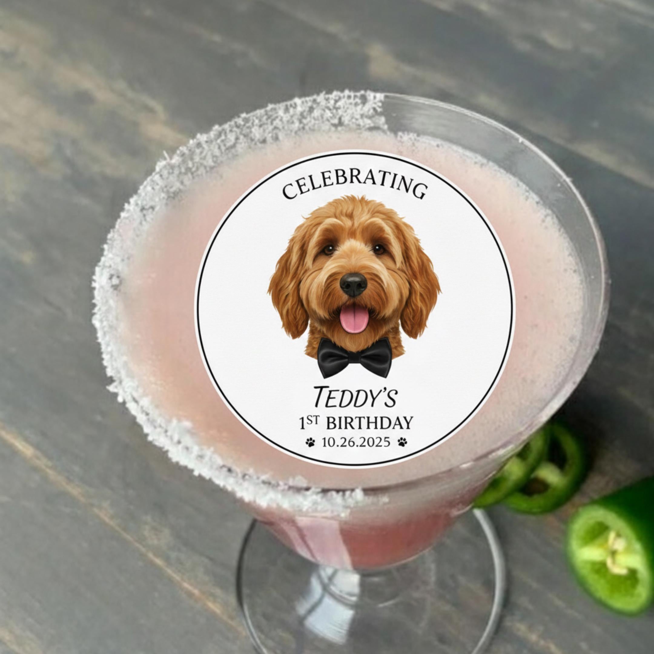 Custom pet portrait edible drink topper, cut out wafer disc floating on latte foam.