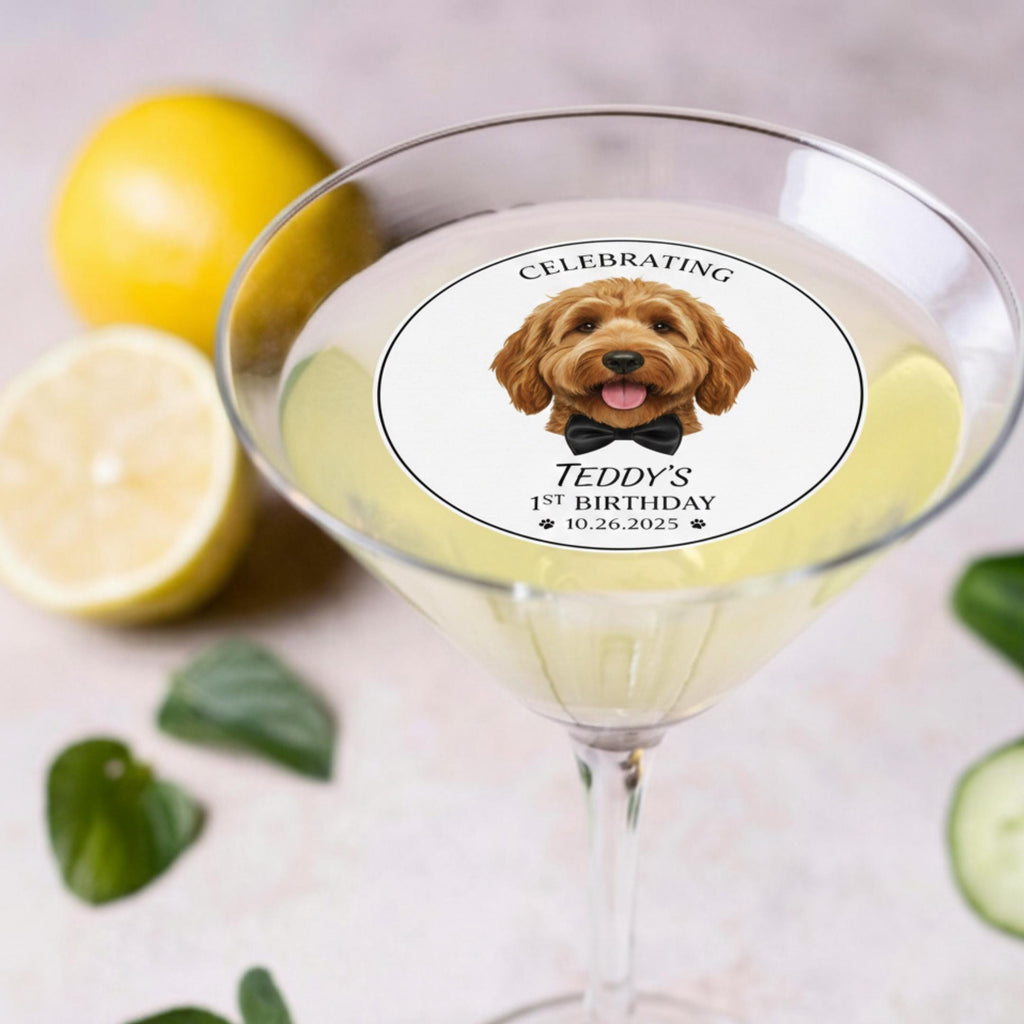 Custom pet portrait edible drink topper, cut out wafer disc floating on latte foam.