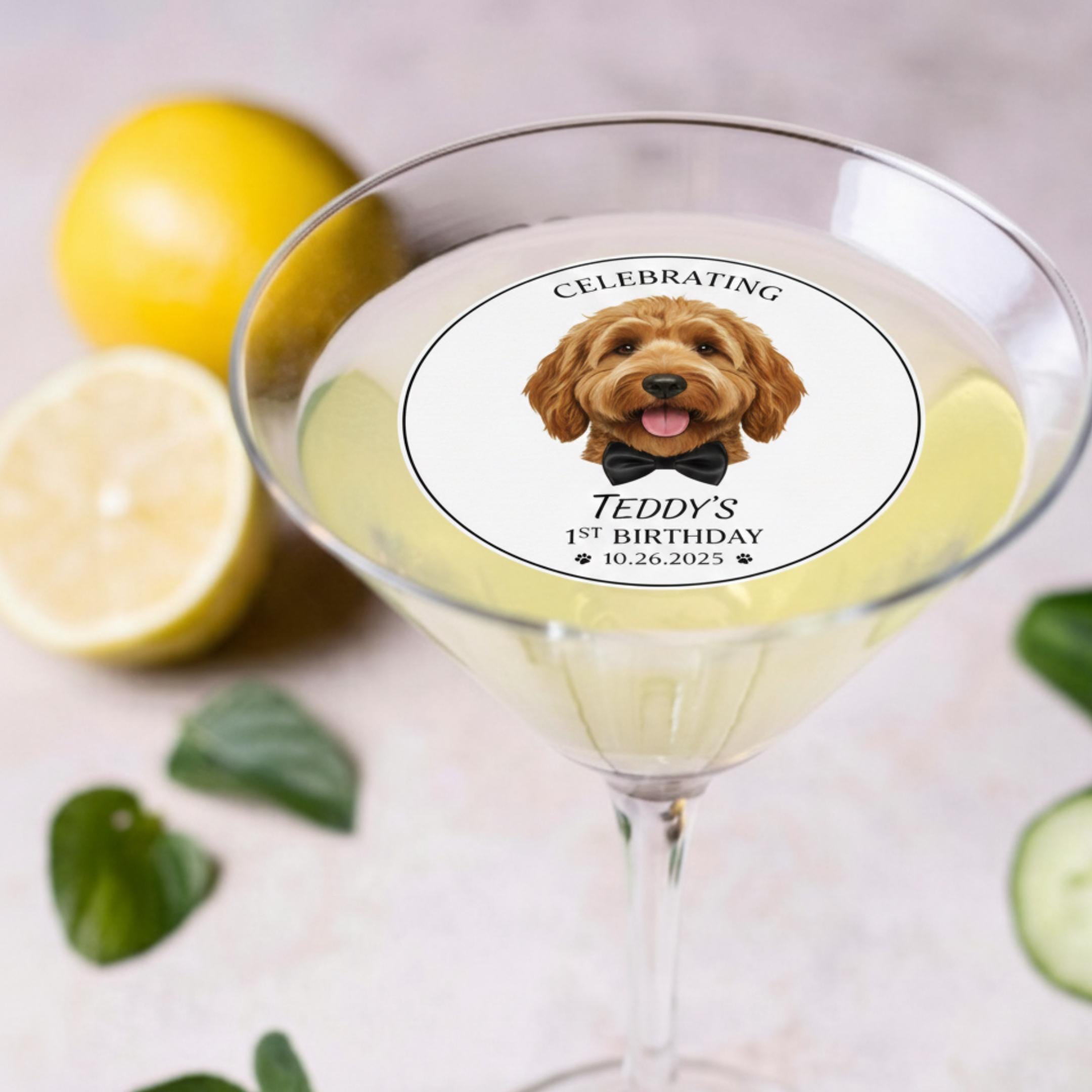 Custom pet portrait edible drink topper, cut out wafer disc floating on latte foam.