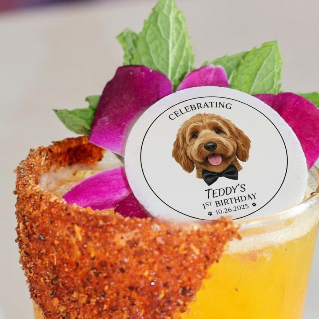 Custom pet portrait edible drink topper, cut out wafer disc floating on latte foam.