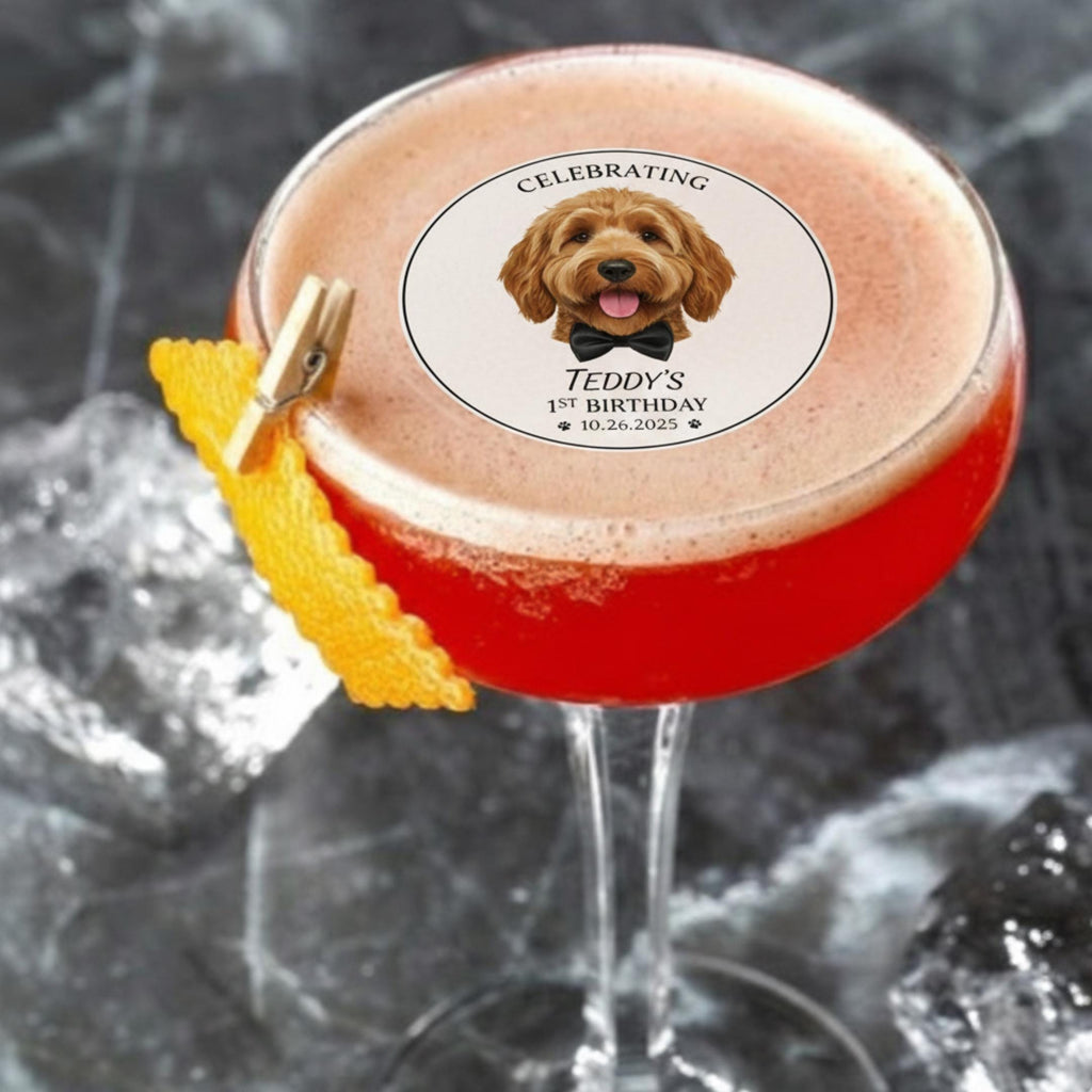 Custom pet portrait edible drink topper, cut out wafer disc floating on latte foam.