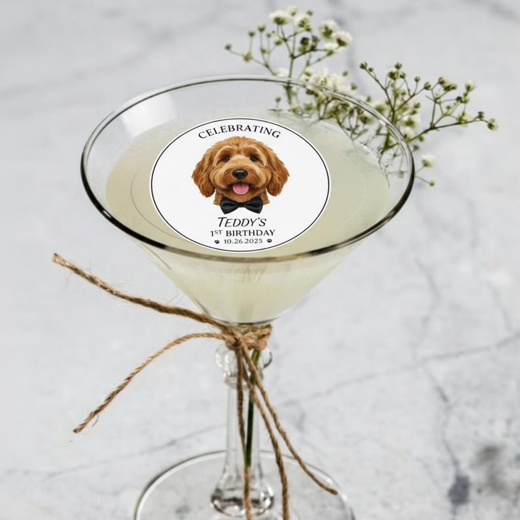 Custom pet portrait edible drink topper, cut out wafer disc floating on latte foam.