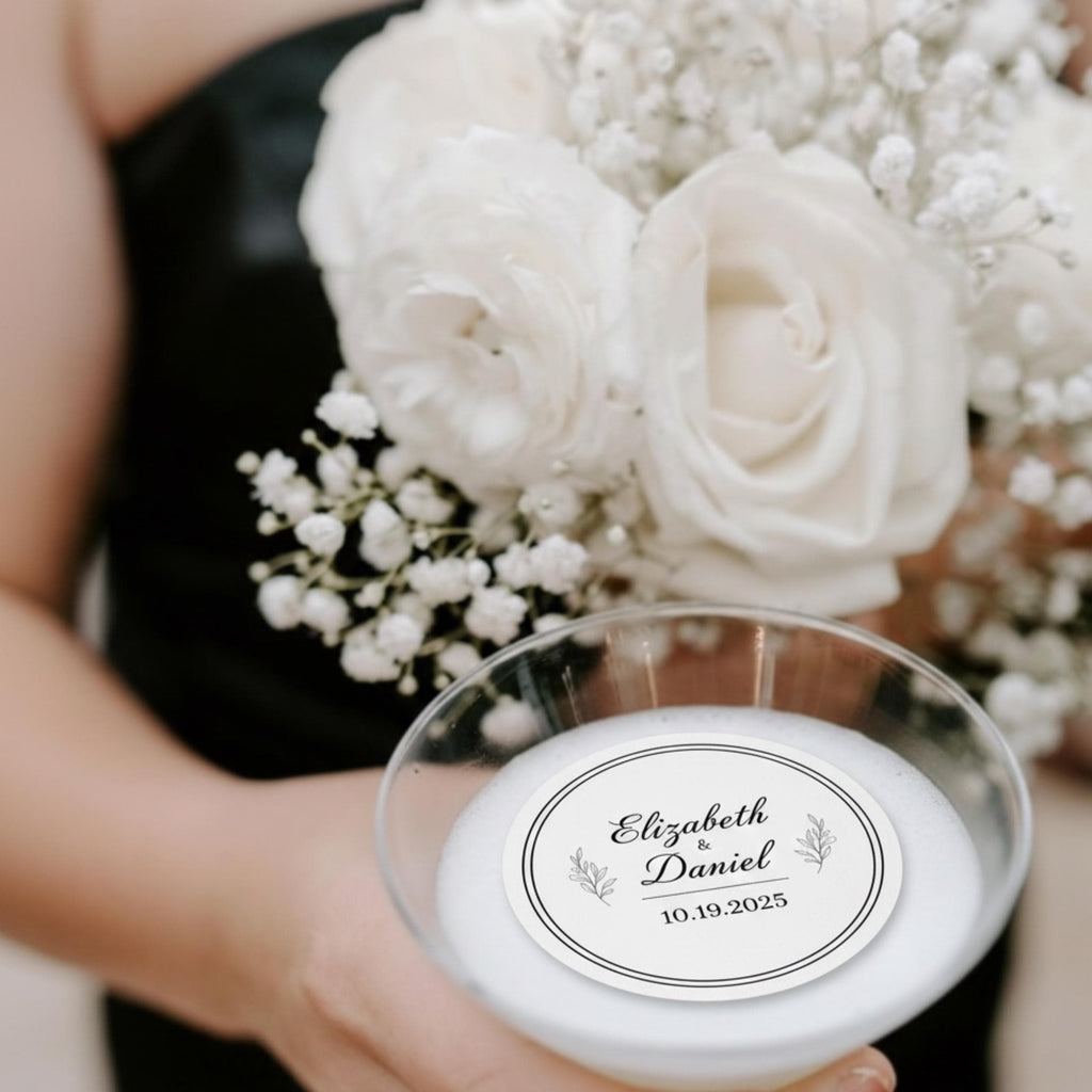 Edible wafer paper drink topper for weddings and parties, featuring custom designs by SugarPrints by Alexis.