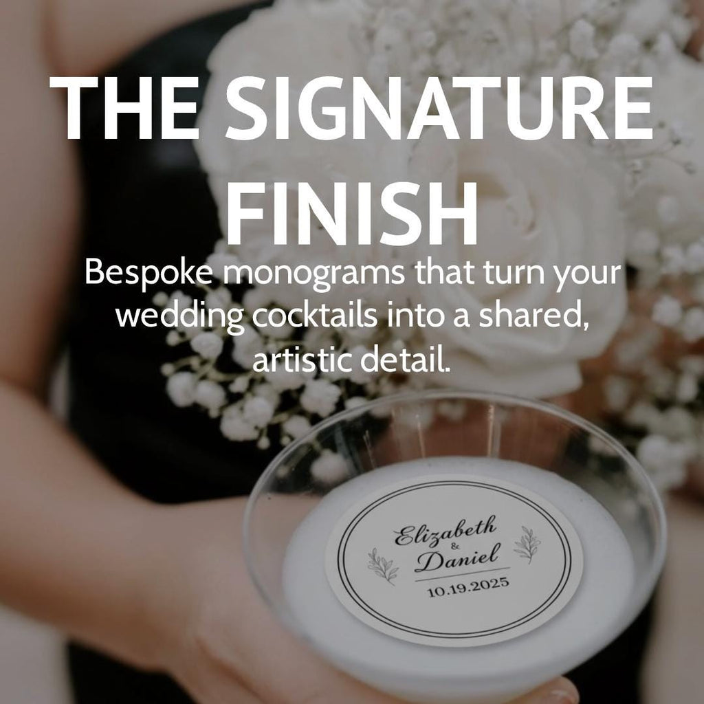 Set of 24 edible wafer paper drink toppers featuring custom wedding designs for cocktails and special event decor.