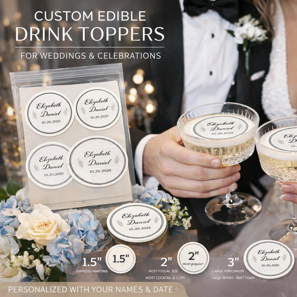 Set of 24 edible wafer paper drink toppers for weddings, parties, and anniversaries, featuring custom designs from SugarPrints by Alexis.