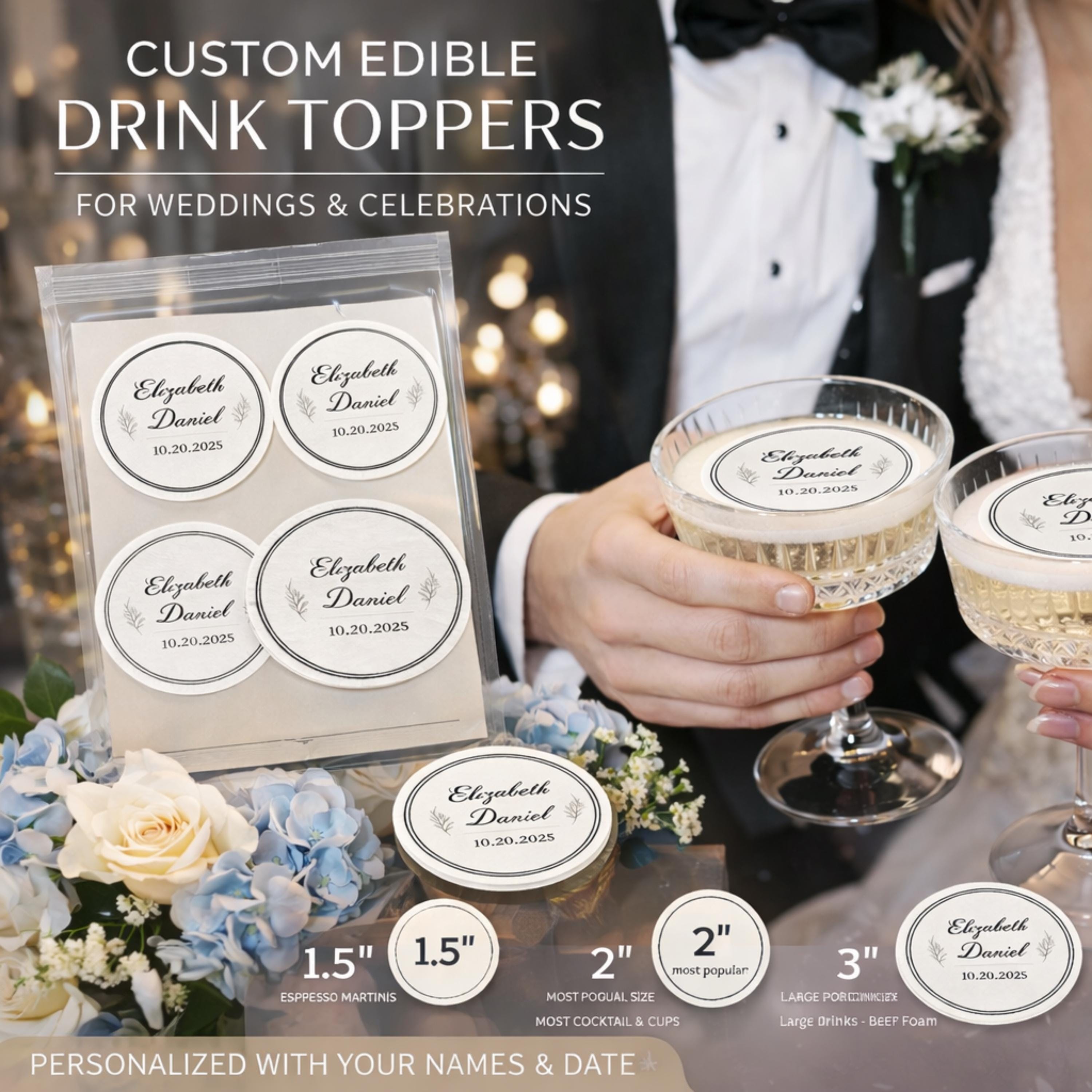 Set of 24 edible wafer paper drink toppers for weddings, parties, and anniversaries, featuring custom designs from SugarPrints by Alexis.