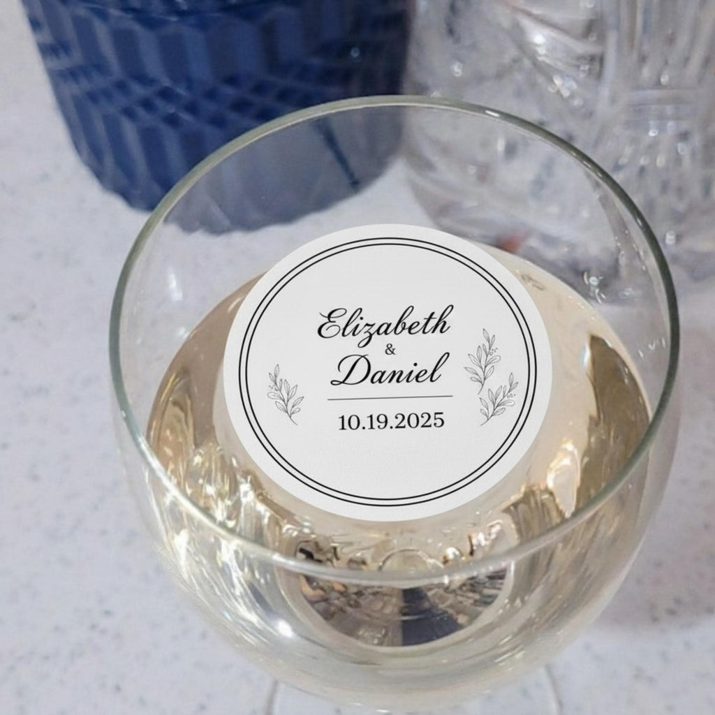 Set of 24 edible wafer paper drink toppers by SugarPrints Alexis, custom wedding-themed cocktail decor for parties and anniversaries.