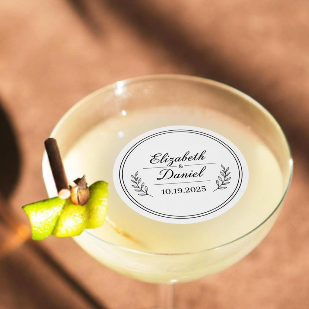 Custom edible wafer paper drink topper by SugarPrints for weddings, parties, anniversaries, featuring elegant circular design.