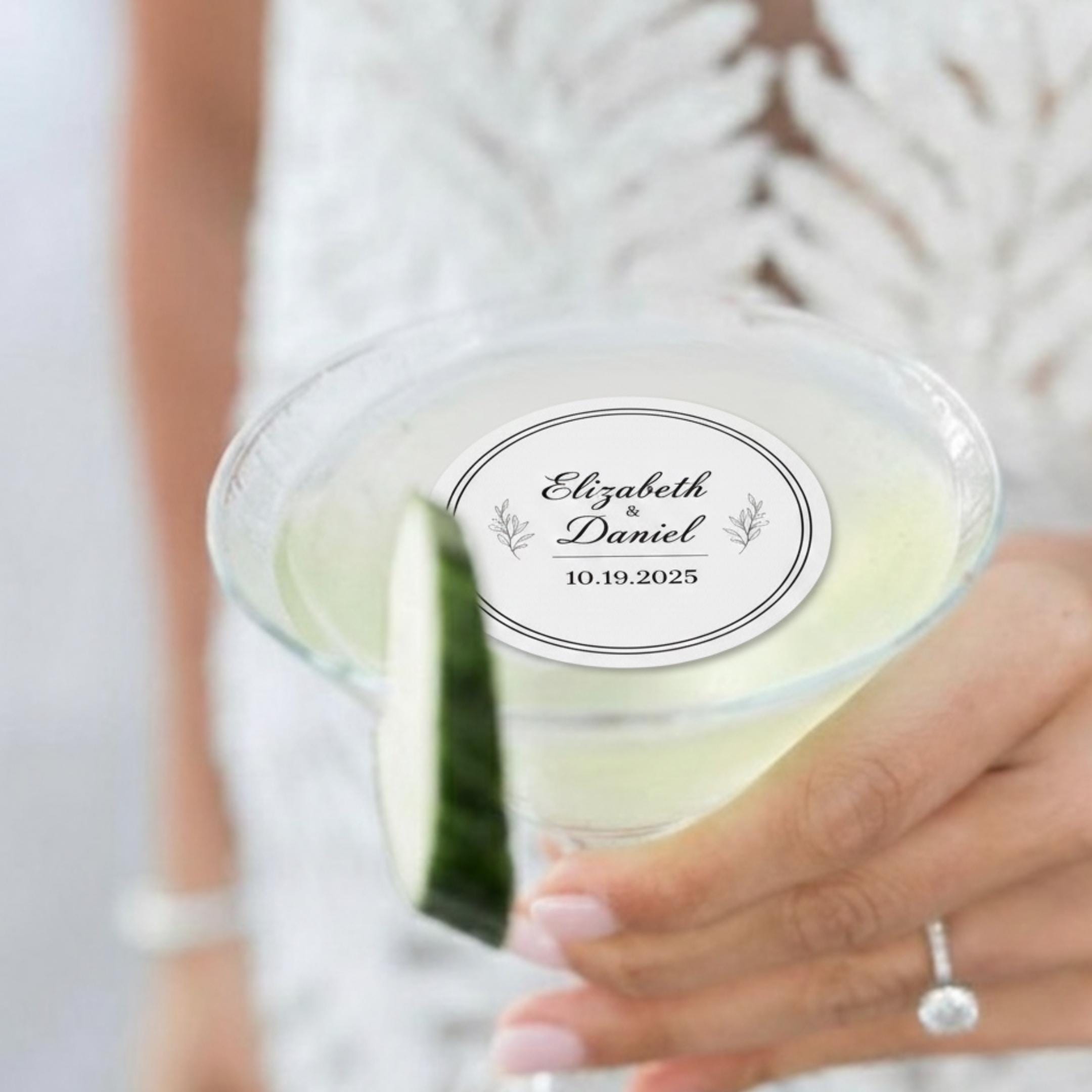 Set of 24 edible wafer paper drink toppers featuring custom wedding designs, perfect for cocktails and special celebrations.