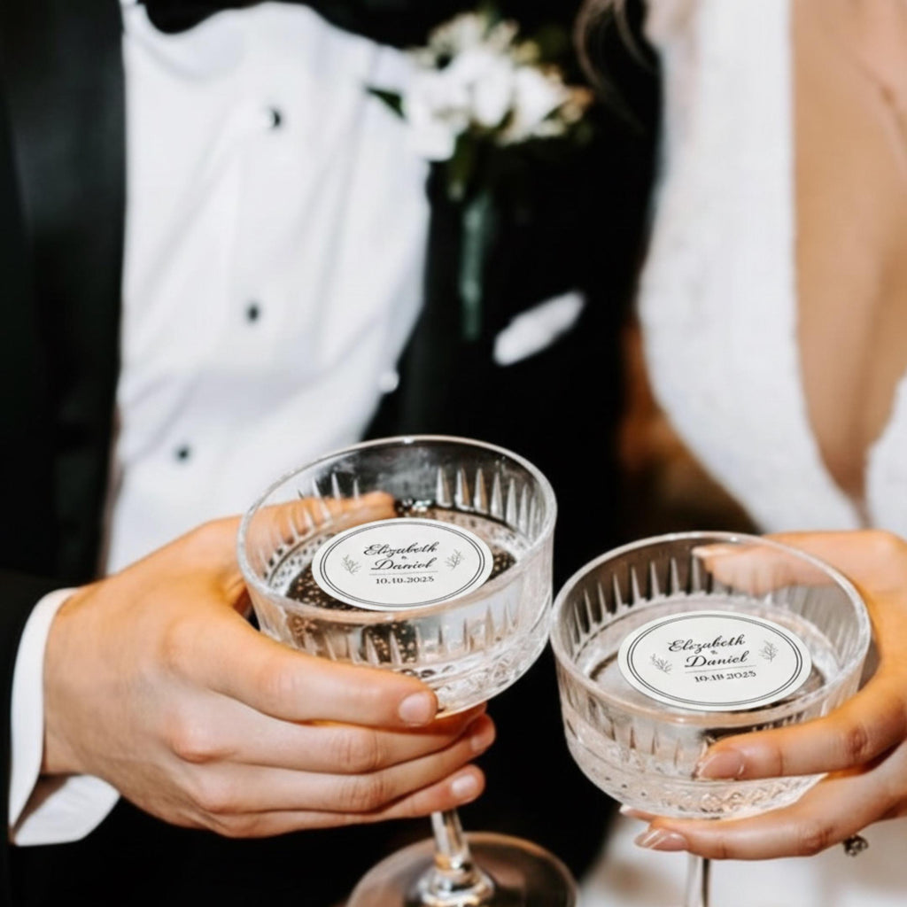 Set of 24 edible wafer paper wedding drink toppers with custom designs for cocktails, parties, and anniversaries.